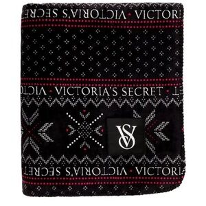 Victorias Secret Plush Sherpa Cozy Fleece Throw Blanket Black Fair Isle
